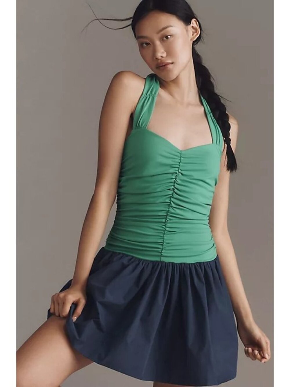 Maeve XS Green Ruched Halter Mini Dress Navy Drop Waist Anthropologie NWT